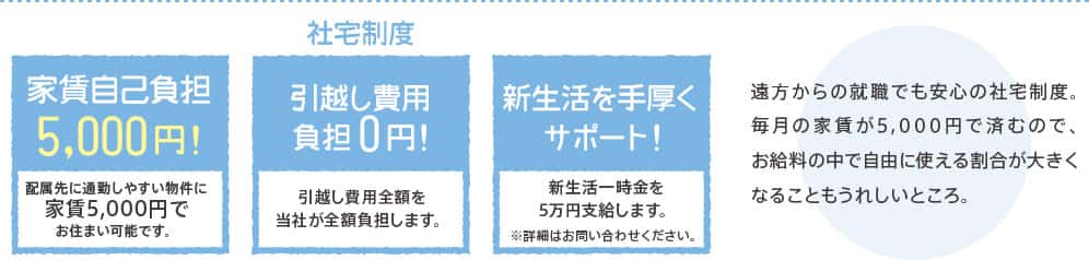 遠方からの就職でも安心の社宅制度。毎月の家賃が5,000円で済むので、お給料の中で自由に使える割合が大きくなることもうれしいところ。